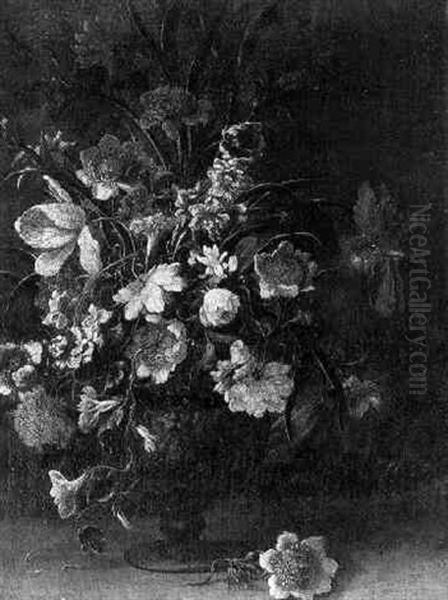 Tulips, Roses And Other Flowers In A Sculpted Vase - view 1