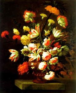 Groses Dekoratives Blumenstilleben Von Nelken, Pfingstrosen Und Konigskerze