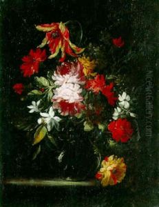 Flowers In A Glass Vase On A Ledge by Bartolome Perez