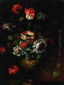 A Rose, Tulips, Carnations And Other Flowers In A Bronze Urn On A Rock by Bartolome Perez