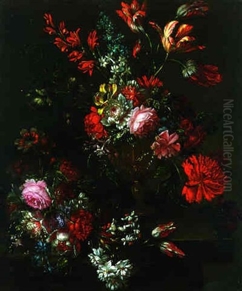 Tulips, Roses, Carnations And Other Flowers In A Vase On A Ledge - view 1