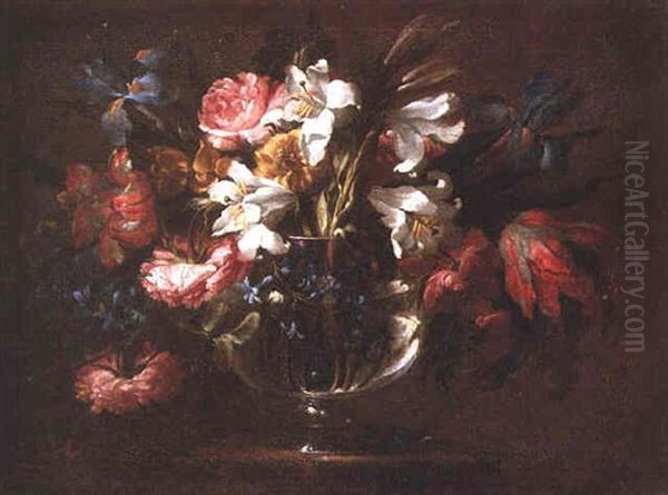 A Still Life Of Roses, Lilies, Bluebells And Tulips In A Glass Bowl On A Stone Ledge - view 1