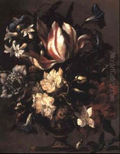 A Tulip And Other Flowers In A Sculpted Urn On A Pedestal
