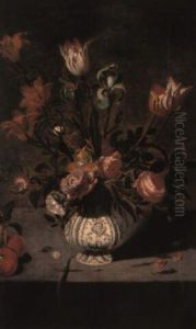 Flowers In Porcelain Vase With Fruit On A Ledge