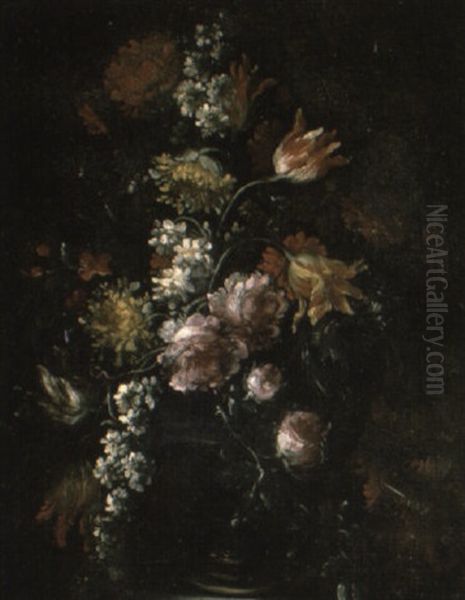 Peonies And Other Flowers In An Urn On A Ledge - view 1