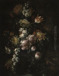 Peonies And Other Flowers In An Urn On A Ledge Peonies And Other Flowers In An Urn On A Ledge