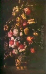 Ein Blumenstrauss In Einem Geflochtenen Korb by Bartolome Perez