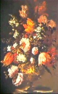 Still-lifes With Flowers In Gilt Vases On A Stone Ledge (2) by Bartolome Perez