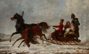 Empreror Nicolas I, Empress Alexandra Fedorovna And Empress Maria Fedorovna Horse Sledging In Winter. 1829 by Sigmund Ferdinand Perger