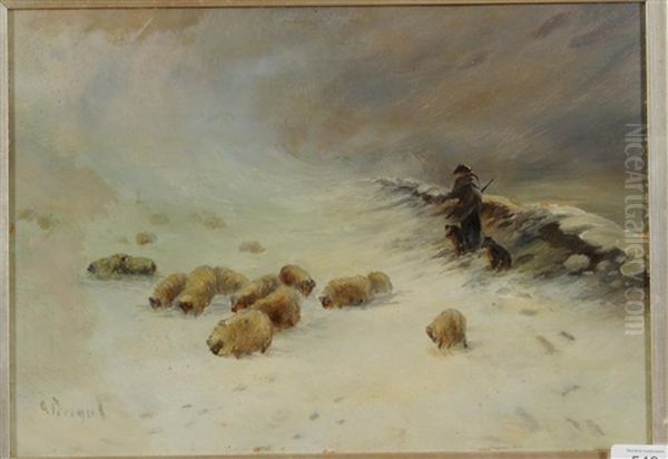 A Flock Of Sheep And Shepherd In Heavy Snow - view 1
