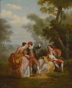 Scene Champetre De Personnages En Costumes Louis Xv (pair After J.b. Pater) by Lie Louis Perin