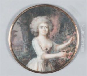 Une Jeune Femme En Robe Blanche Cueillant Des Roses Sur Fond Feuillage Avec Au Fond Un Vase Medicis by Lie-Louis Perin-Salbreux
