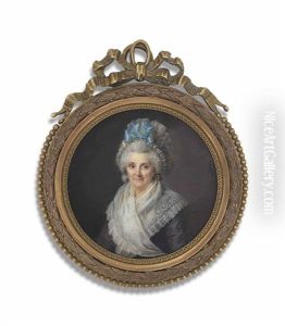 A Lady, In Aubergine Dress With White Gauze Fichu, Wearing A White Mob Cap Adorned With A Blue Bow