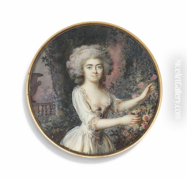 A Young Lady In A Floral Landscape With Pink Roses And An Urn, In White Dress, Powdered Curling Hair - view 1
