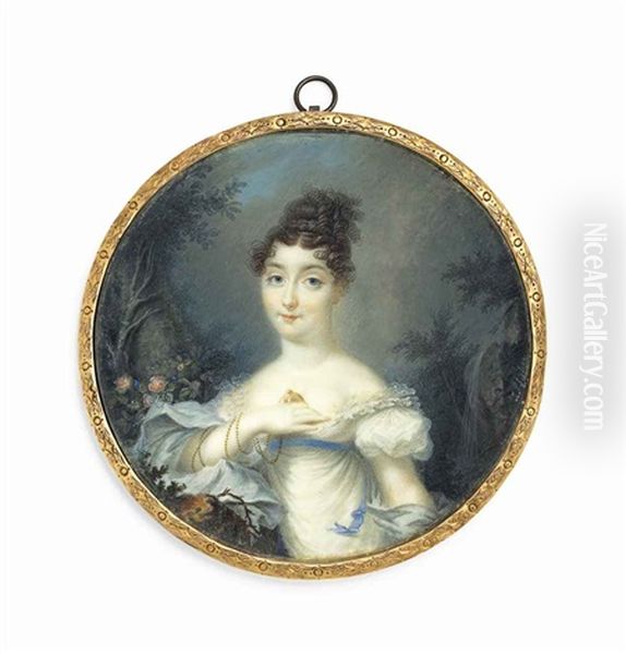 A Young Lady In A Landscape, In Decollete White Dress With Blue Sash, Lace-trimmed Puffed Sleeves, A Blue Shawl Over Her Arms - view 1