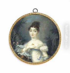 A Young Lady In A Landscape, In Decollete White Dress With Blue Sash, Lace-trimmed Puffed Sleeves, A Blue Shawl Over Her Arms by Lie-Louis Perin-Salbreux