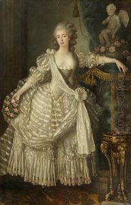 A Portrait Of A Lady In White, Full-length, Holding A Crown Of Roses In Her Right Hand, Her Left Arm Resting On An Altar To Love