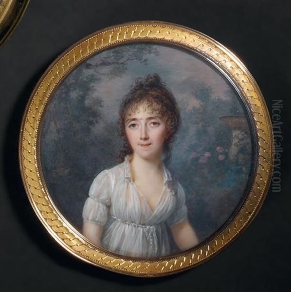 Portrait De Jeune Femme En Robe De Voile Blanc Decolletee, Vue Dans Un Jardin Fleuri Et Vase De Pierre - view 1