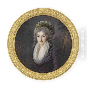 A Young Lady In A Landscape, In Mauve Double-breasted Coat, White Gauze Fichu, Wearing A White Cap Decorated With Green Plumes A Young Lady In A Landscape, In Mauve Double-breasted Coat, White Gauze Fichu, Wearing A White Cap Decorated With Green Plumes