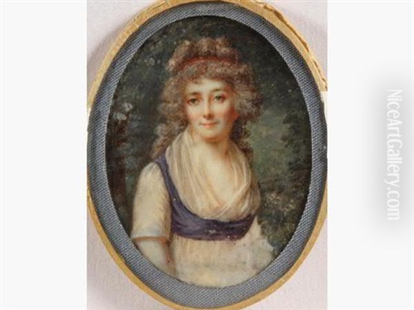 Miniature Ovale Figurant Une Jeune Femme En Robe De Soie Blanche Ceinturee De Bleu, Coiffee De Longs Cheveux Retombant En Boucles Attachees D'un Ruban Rouge Et Vue Dans Un Jardin Fleuri - view 1