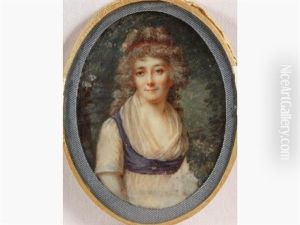 Miniature Ovale Figurant Une Jeune Femme En Robe De Soie Blanche Ceinturee De Bleu, Coiffee De Longs Cheveux Retombant En Boucles Attachees D'un Ruban Rouge Et Vue Dans Un Jardin Fleuri