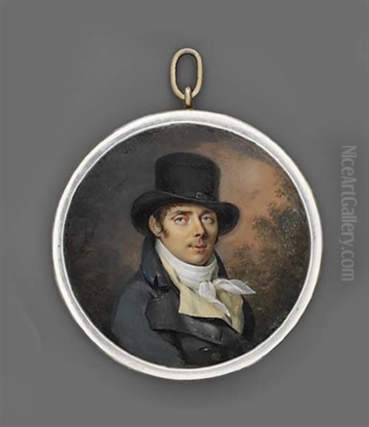 Le Duc De Lajonchere Wearing A Black Top Hat, Blue Coat With Gold Buttons, Ochre Coloured Waistcoat And Knotted Cravat - view 1