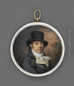 Le Duc De Lajonchere Wearing A Black Top Hat, Blue Coat With Gold Buttons, Ochre Coloured Waistcoat And Knotted Cravat