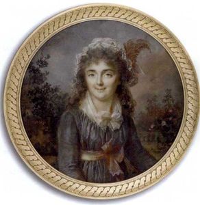 A Young Lady In A Garden, In Grey Silk Dress With Purple Sash Tied In Bow At Waist, White Fichu Tied In Bow At Corsage, Brown Feather In Her Lace Cap In Her Long Curling Powdered Hair ... by Lie-Louis Perin-Salbreux