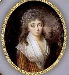 A Young Lady In A Forest, In Grey And Orange Striped Silk Dress With Embroidered Fichu Stole Caught At Corsage, Blue Ribbons In Her Long Powdered Curling Hair