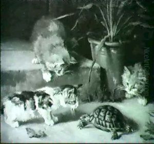 Kittens Playing With A Tortoise by Isabelle L. Perkin