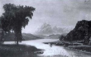 Cows Watering In A Mountainous River Landscape by Frederick Stanton Perkins