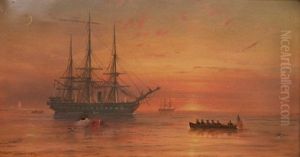 Ships At Sea At Sunrise by Granville Perkins