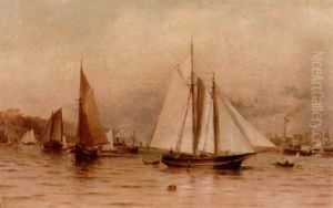 Fishing Boats And Other Shipping On The Hudson With A View Of New York And The Bluffs by Granville Perkins