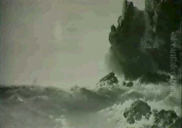 Sailboat Off Rocky Coastline At Sunset - view 1