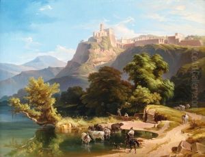 Italienische Landschaft Mit Hirten Am Seeufer Und Einem Stadtchen Auf Einer Anhohe