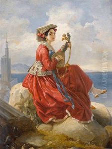 Musizierendes Trachtenmadchen An Sudlicher Kuste by Georg (Christian Joh. G.) Perlberg