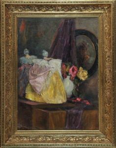 Stillleben Mit Blumen Und Elfenfiguren Auf Tischchen
