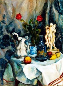 Still Life With Flowers, Fruits, Sculptures In The Studio by Vilmos Perlrott-Csaba