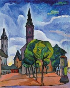 Small-town View With A Tower, An Advertising Pillar And Trees (kecskemet) Small-town View With A Tower, An Advertising Pillar And Trees (kecskemet)