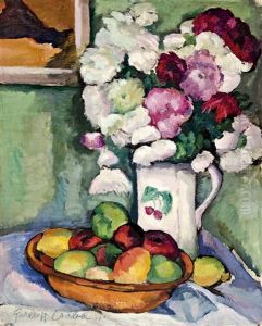 Flower Still Life With Fruits by Vilmos Perlrott-Csaba