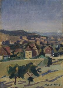 Wiesenlandschaft Mit Baumen Vor Einem Dorf by Vilmos Perlrott-Csaba