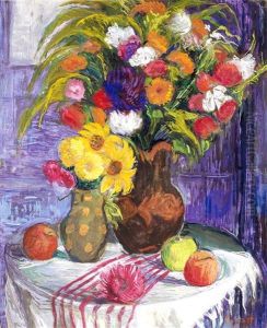 Still Life With Flowers And Apples by Vilmos Perlrott-Csaba