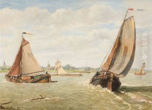 View Of The Scheldt With Cargo Ships (1877) by Henri Louis Permeke