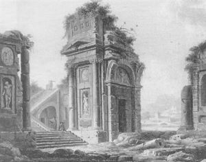 Villageois Visitant Des Thermes En Ruines Non Loin D'une Ville