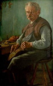 Portrait Eines Schusters An Seiner Werkbank