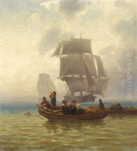 Zwei Grose Segelschiffe Und Ruderboote Im Kustengewasser