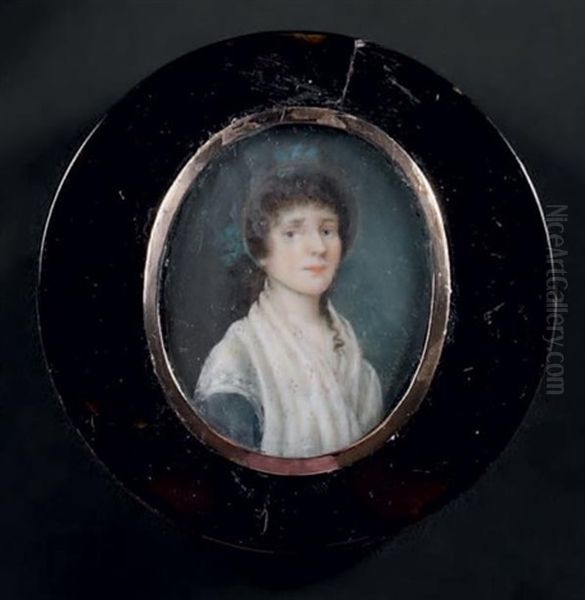 Portrait De Jeune Femme En Robe Bleue, Un Fichu De Linon Blanc Brode De Fleurs Sur Ses Epaules Et Coiffee D'un Chapeau De Paille Orne De Noeuds De Rubans - view 1