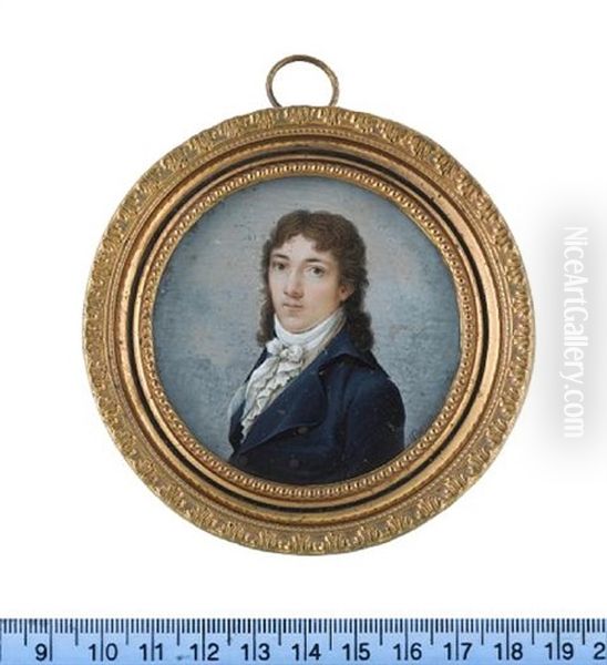 A Gentleman, Wearing Blue Coat, Pale Pink Striped Waistcoat, White Frilled Chemise, Stock And Tie - view 1