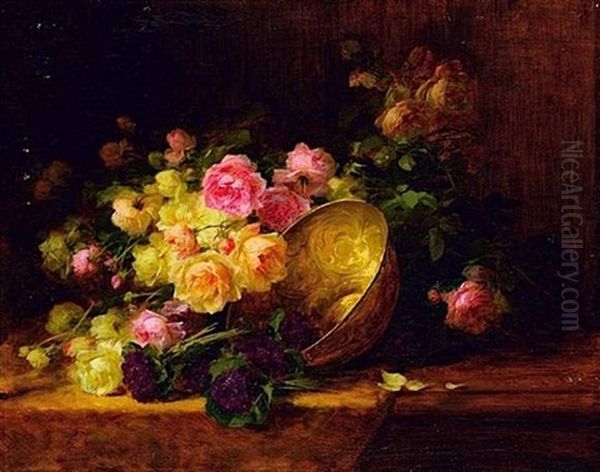 Nature Morte Aux Fleurs, Roses Et Bouquets De Violettes - view 1