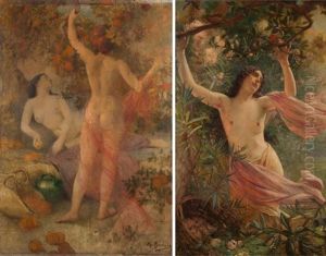 Reverie Parmi Les Fleurs; Jeune Femme Cueillant Des Fruits (2 Works) by Henry Paul Perrault